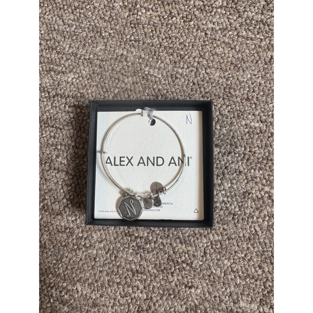 Alex and Ani Silver Letter Initial N Charm Bangle Bracelet Silver NWT